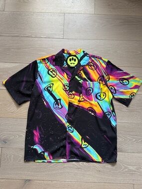 Authentic Barrow Black Multicolor Neon Rainbow Smiley Short-Sleeve Button Shirt